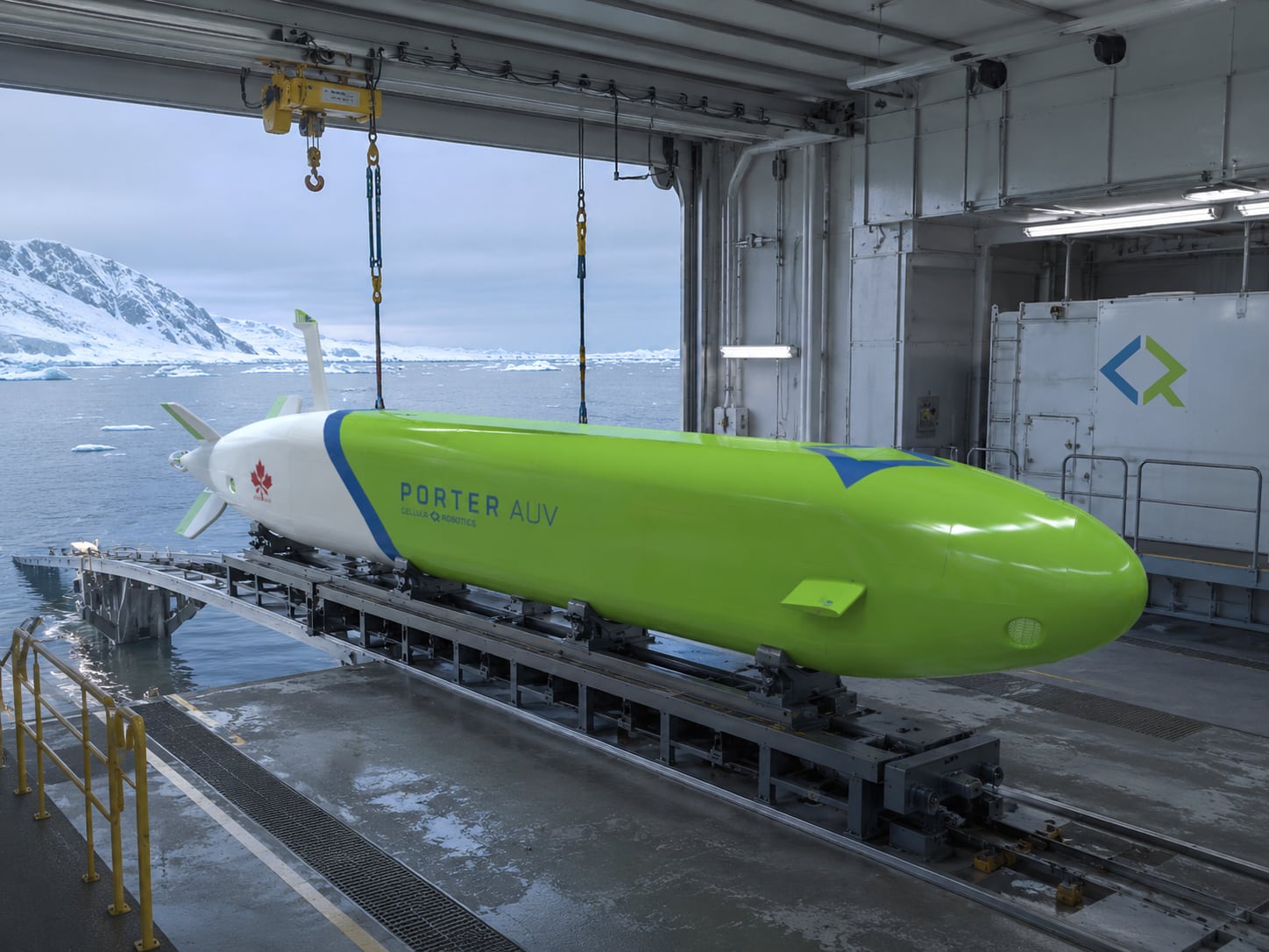 Ilustración del vehículo submarino autónomo Porter AUV sobre su cuna en el hangar de un buque, con un paisaje ártico al fondo